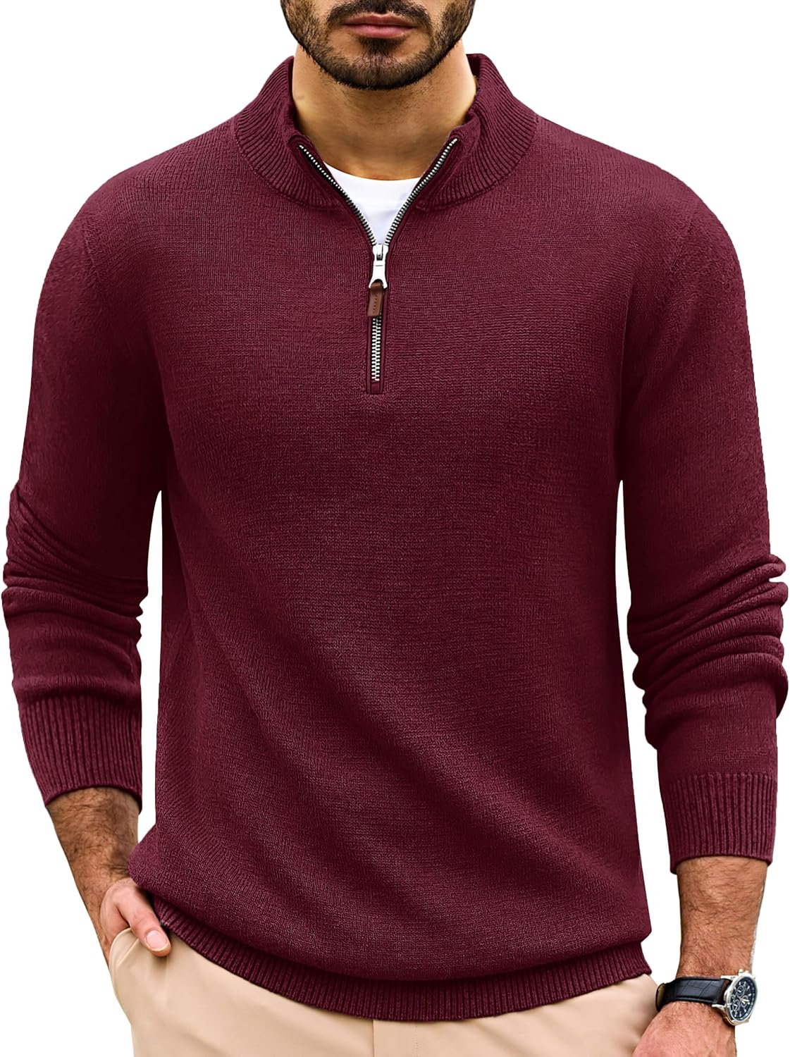 Men's Soft Cotton Quarter Zip Sweater - Mock Neck Knit Pullover in Solid Color for Work and Daily Wear - Brown