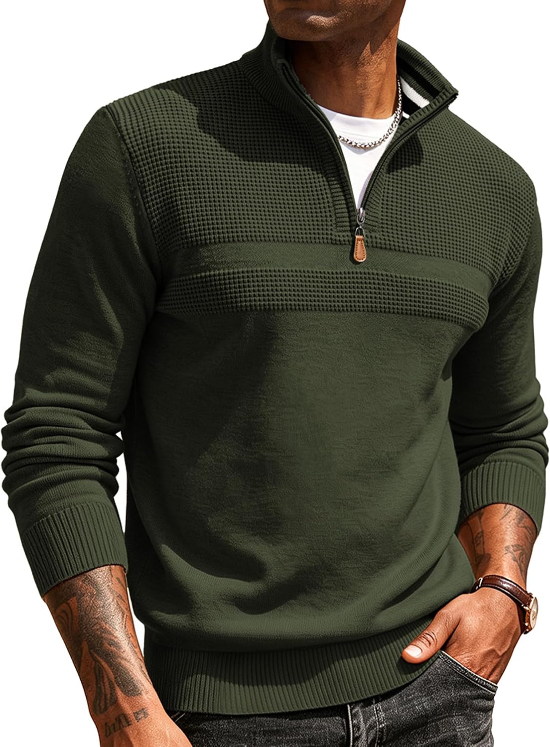 Men's Textured Quarter Zip Polo Sweater in Olive