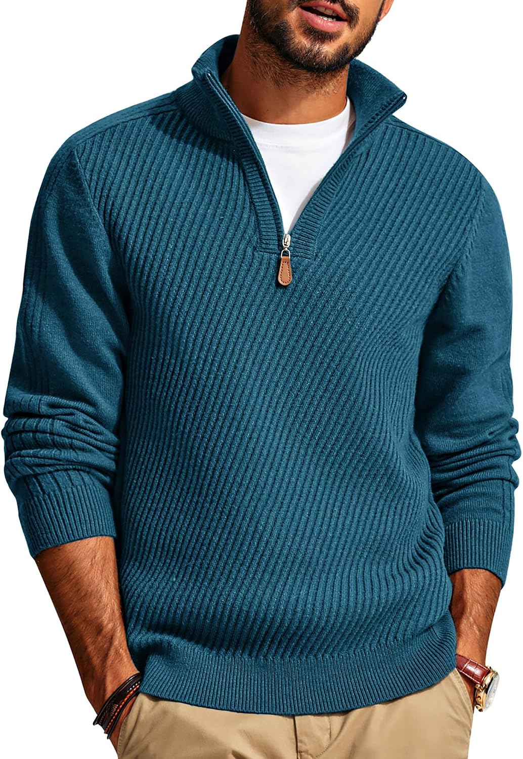 Men's Textured Knit Half Zip Pullover in Lake Blue