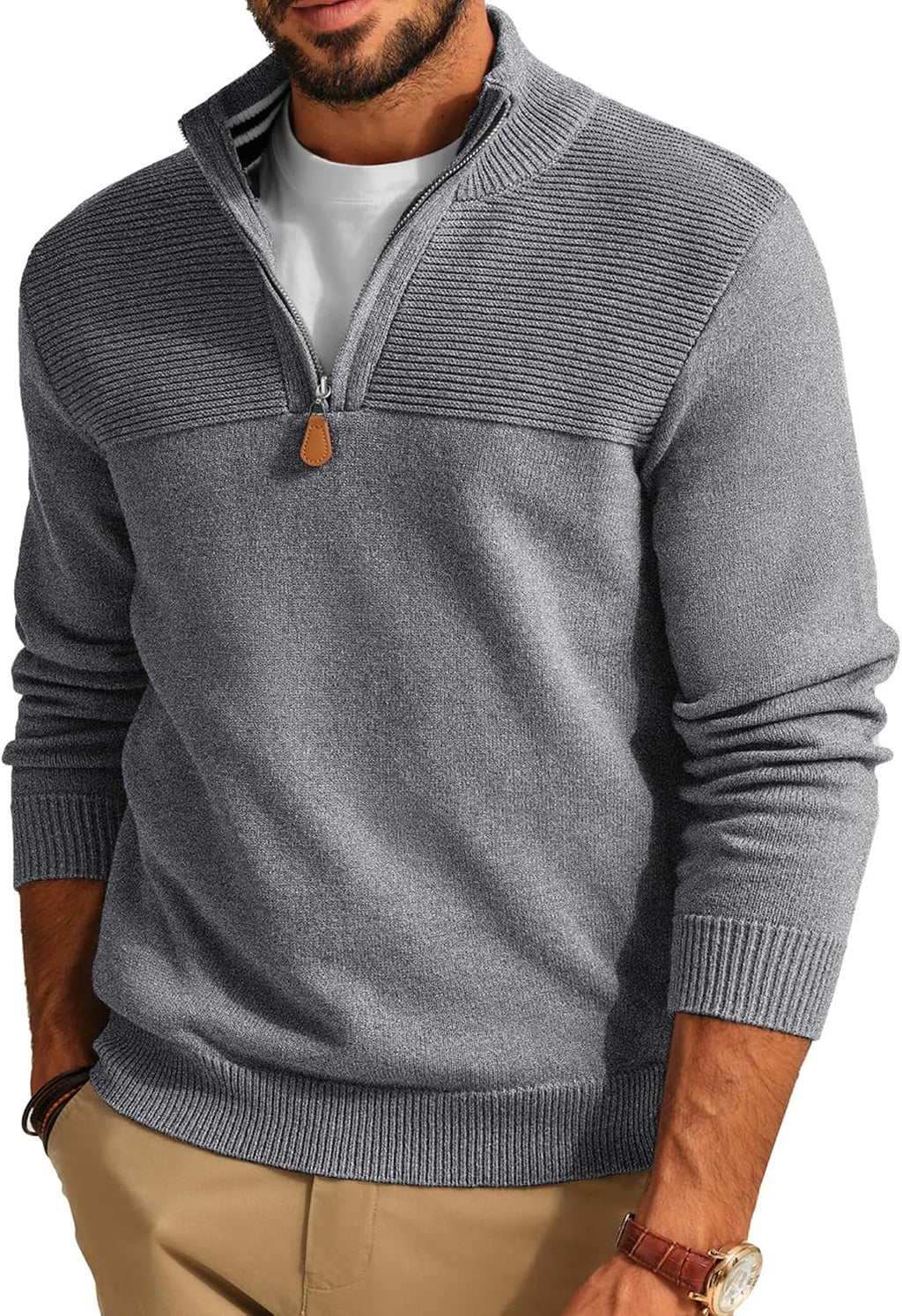 Men's Knit Textured Quarter Zip Pullover - Mock Neck Slim Fit Sweater with Soft Warm Feel for Casual Workdays - Medium