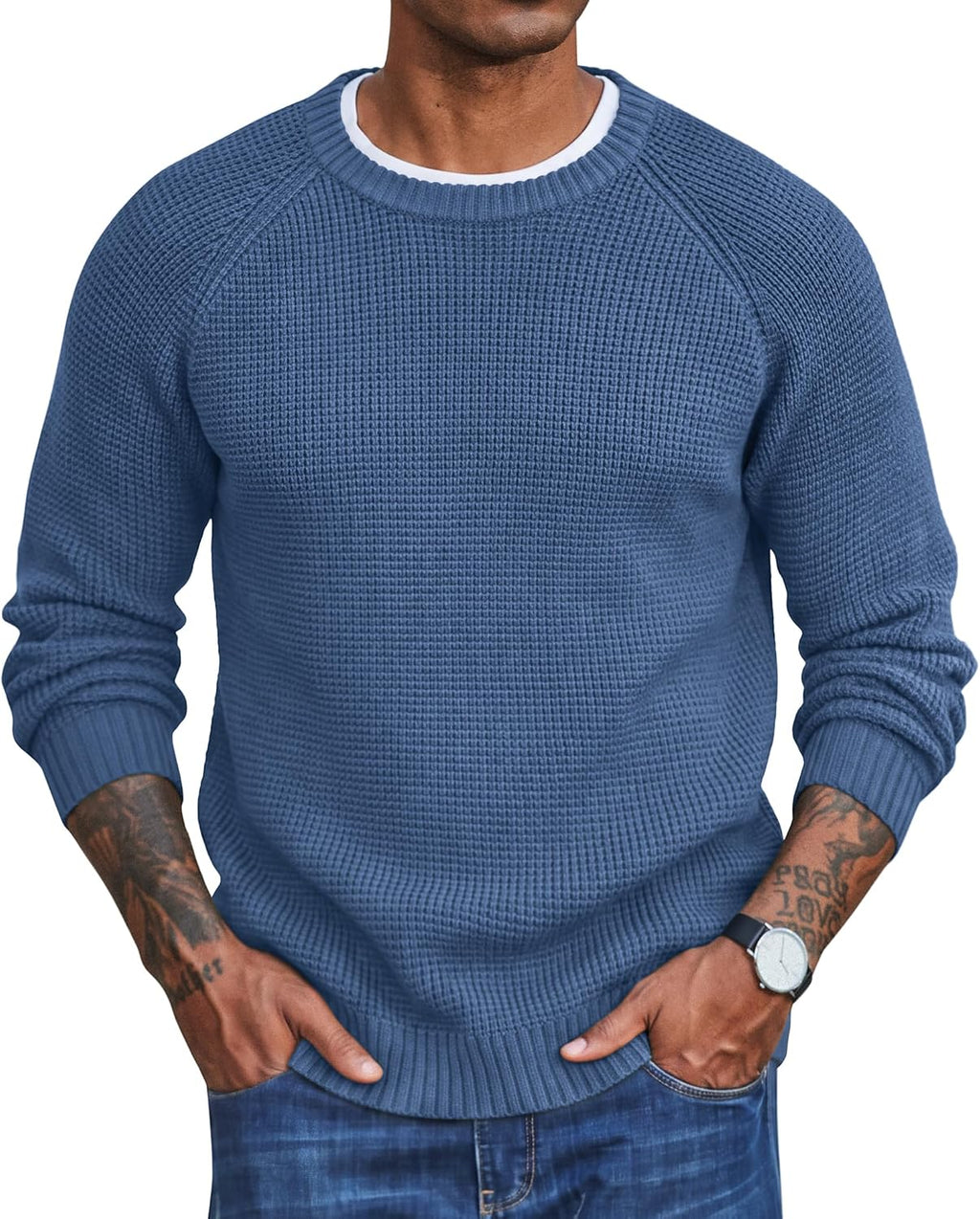 Men's Thick Waffle Knit Crewneck Sweater - Raglan Long Sleeve Stretch Pullover for Cold Weather Layering - Small