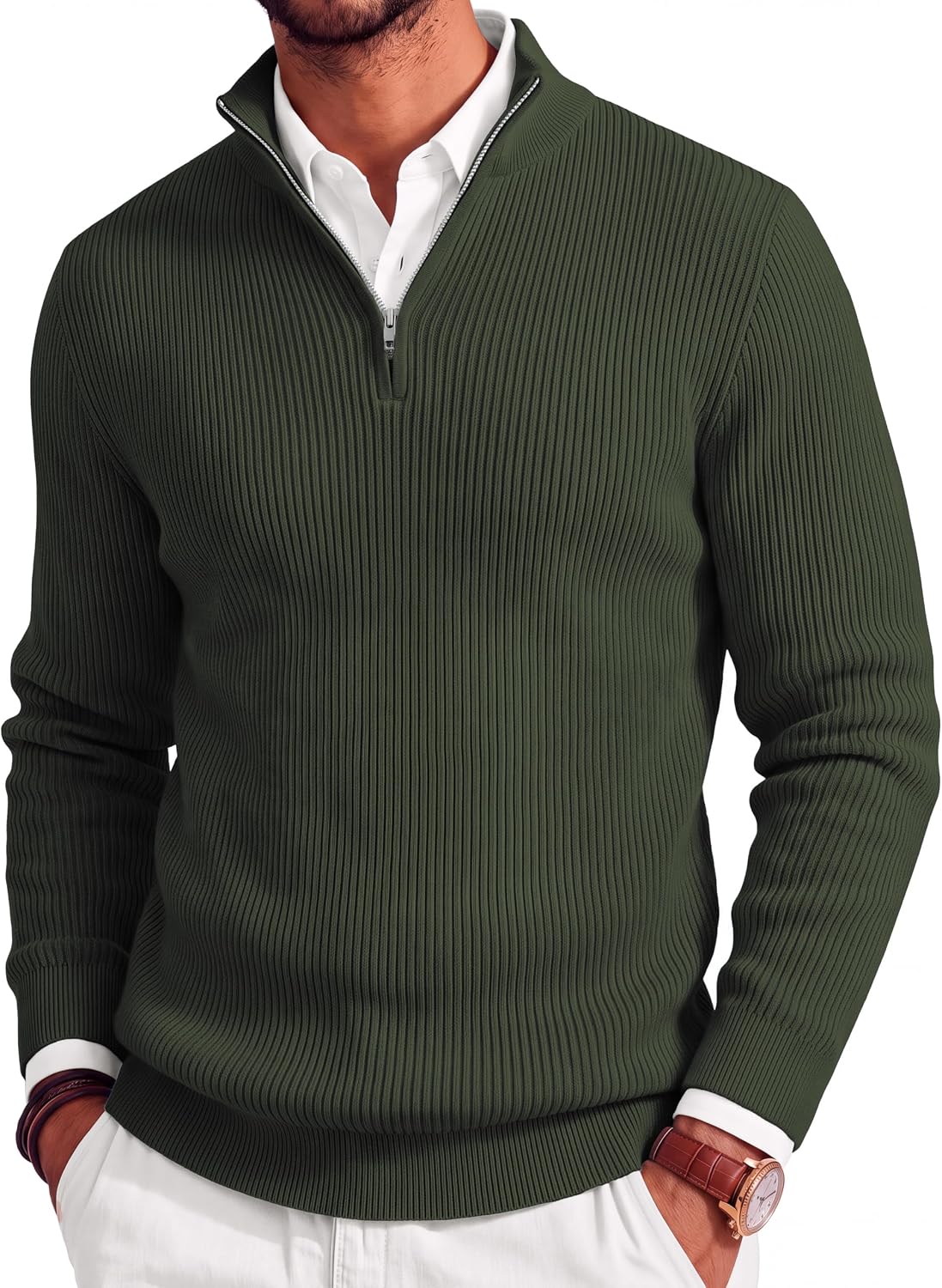 Men's Lightweight Ribbed Knit Quarter Zip Pullover - Slim Fit Mock Neck in Solid Color for Golf and Travel - Medium