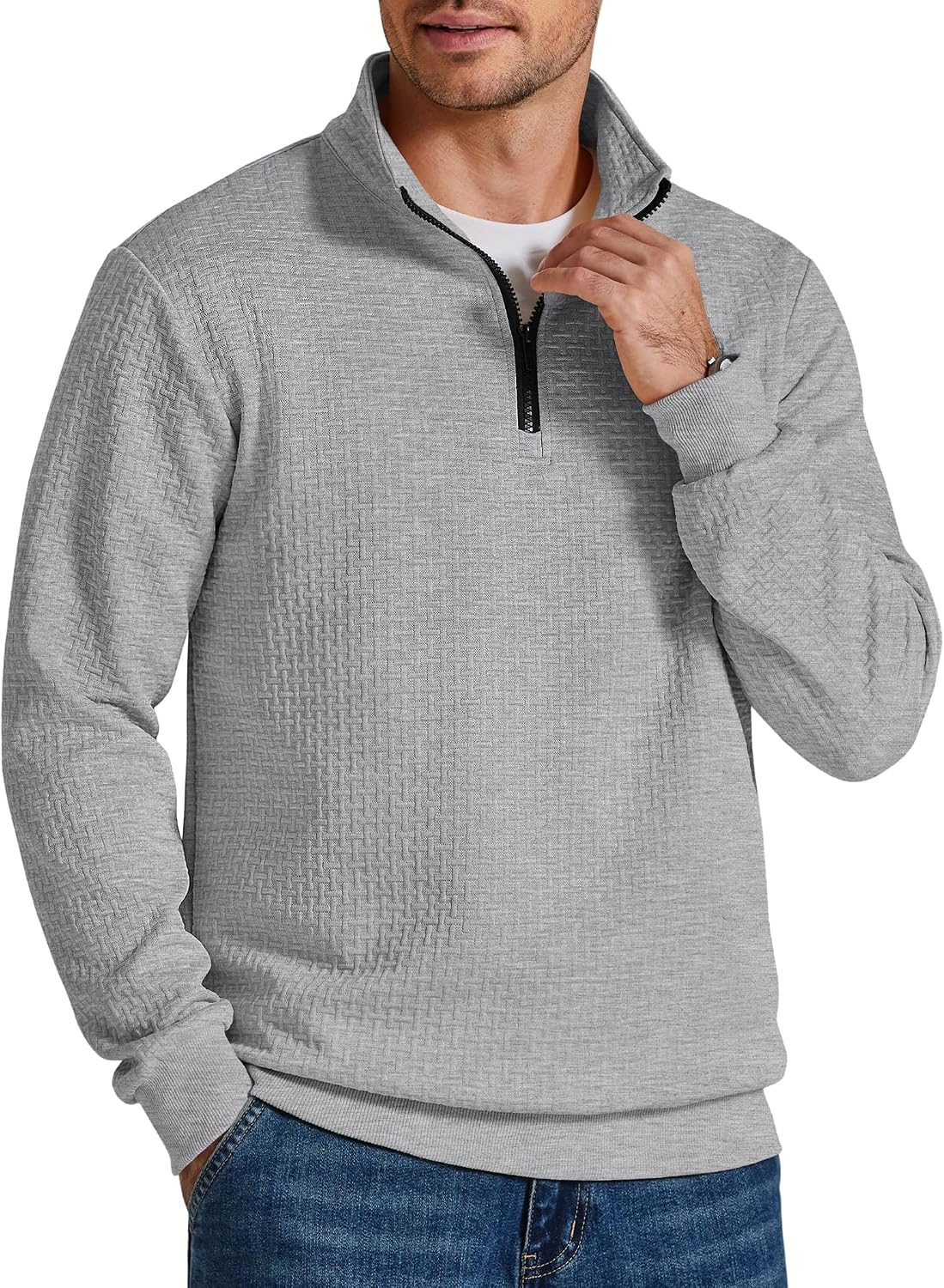Men's Grid Textured Quarter Zip Sweatshirt - Mock Neck with Contrast Zipper and Relaxed Fit for Fall Days - Small