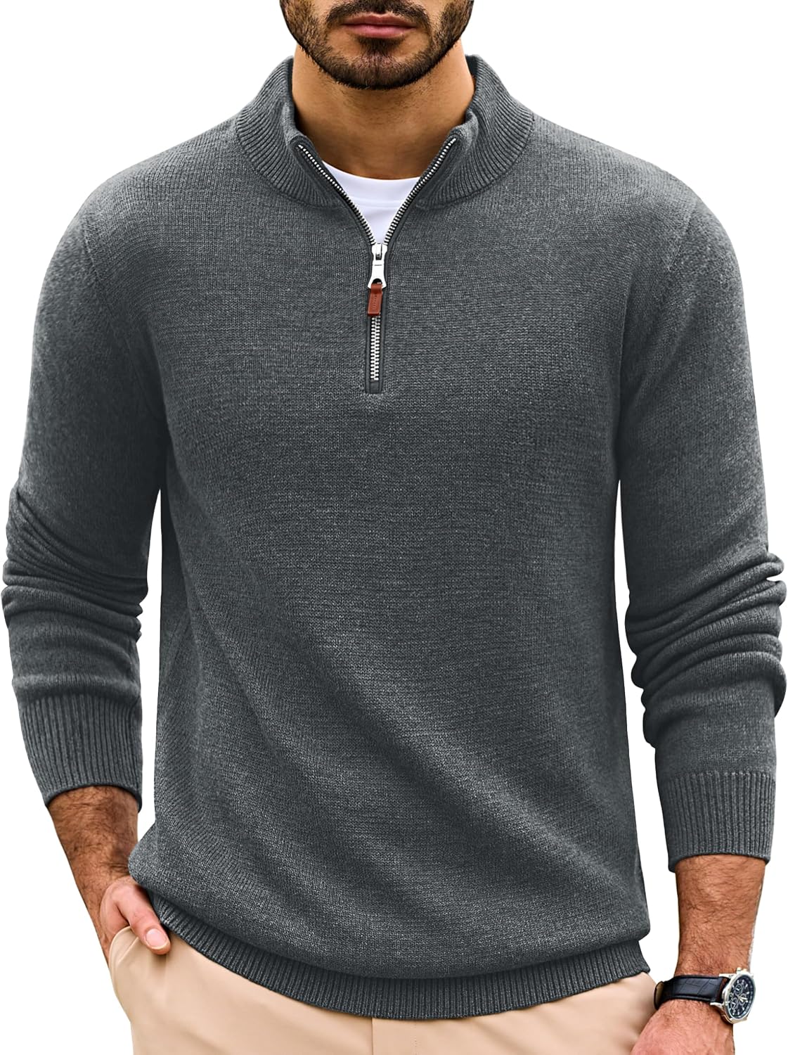 Men's Soft Cotton Quarter Zip Sweater in Dark Grey