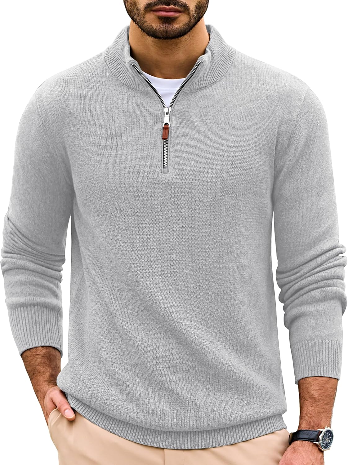 Men's Soft Cotton Quarter Zip Sweater in Light Grey