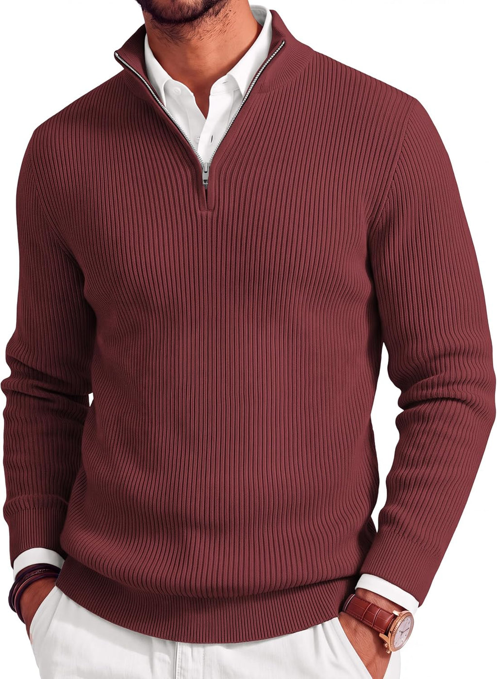 Men's Lightweight Ribbed Knit Quarter Zip Pullover - Slim Fit Mock Neck in Solid Color for Golf and Travel - Medium