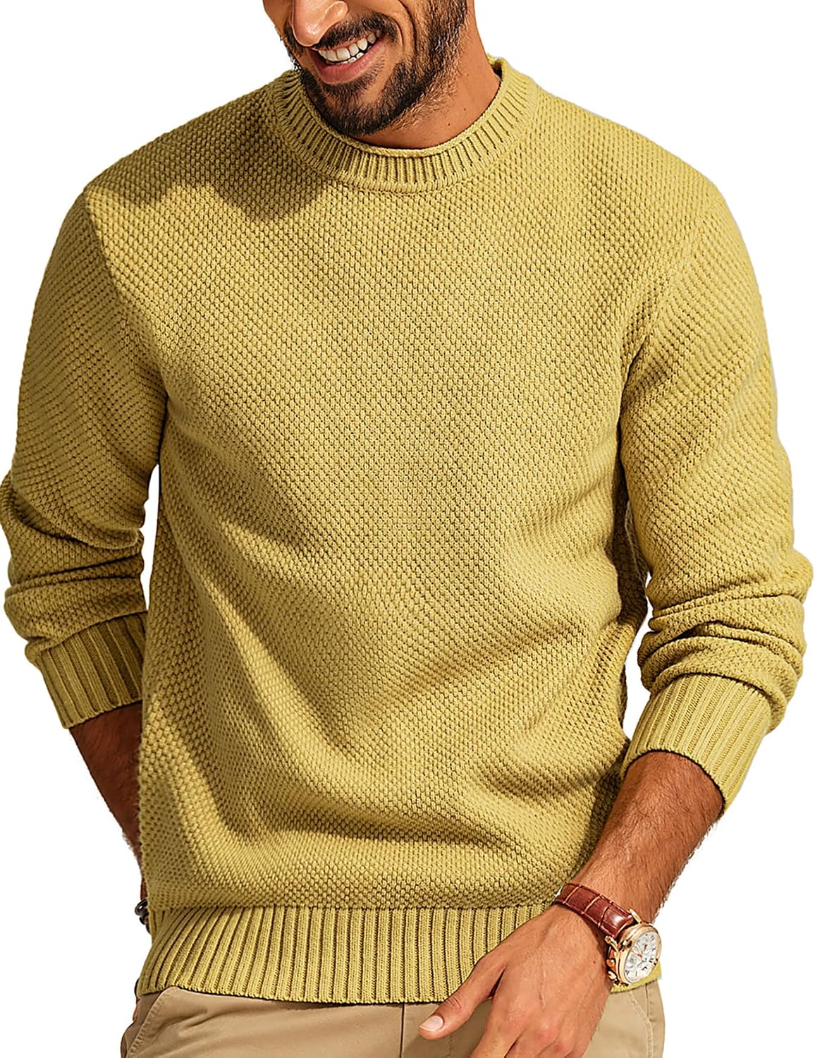Men's Textured Waffle Knit Crewneck Sweater in Yellow