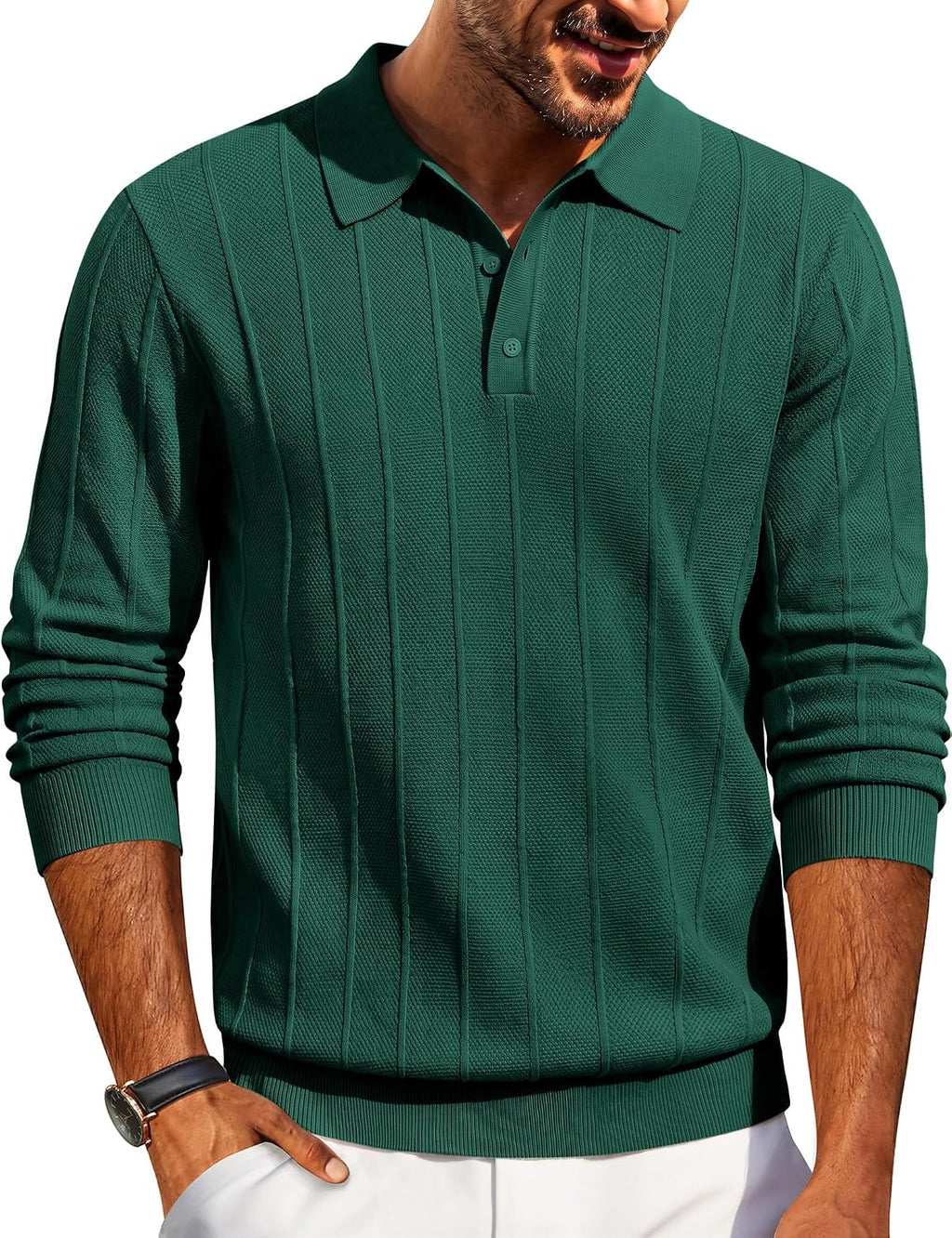 Men's Knit Long Sleeve Polo Sweater - Knitted Collar with High Stretch Cuffs and Hem for Office and Dinners - Small