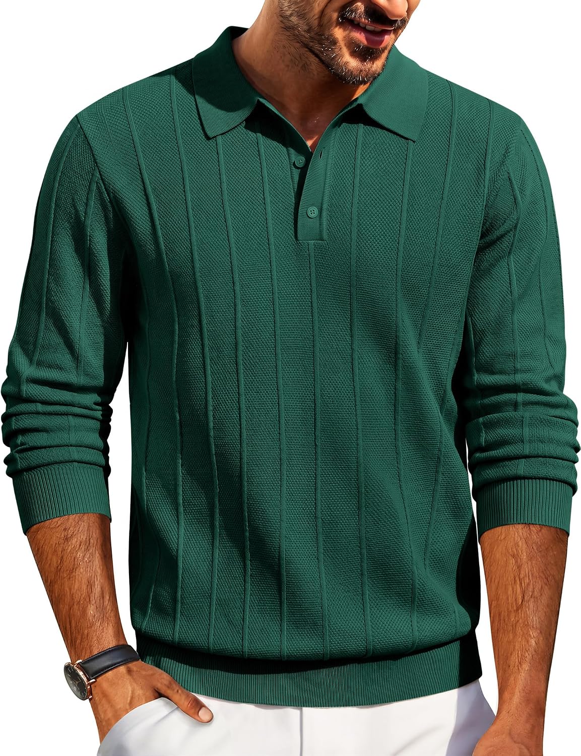 Men's Knit Long Sleeve Polo Sweater - Knitted Collar with High Stretch Cuffs and Hem for Office and Dinners - Small