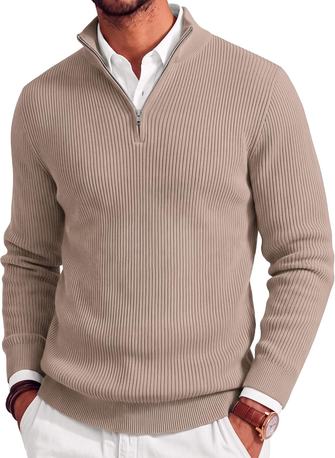 Men's Lightweight Ribbed Knit Quarter Zip Pullover - Slim Fit Mock Neck in Solid Color for Golf and Travel - Medium