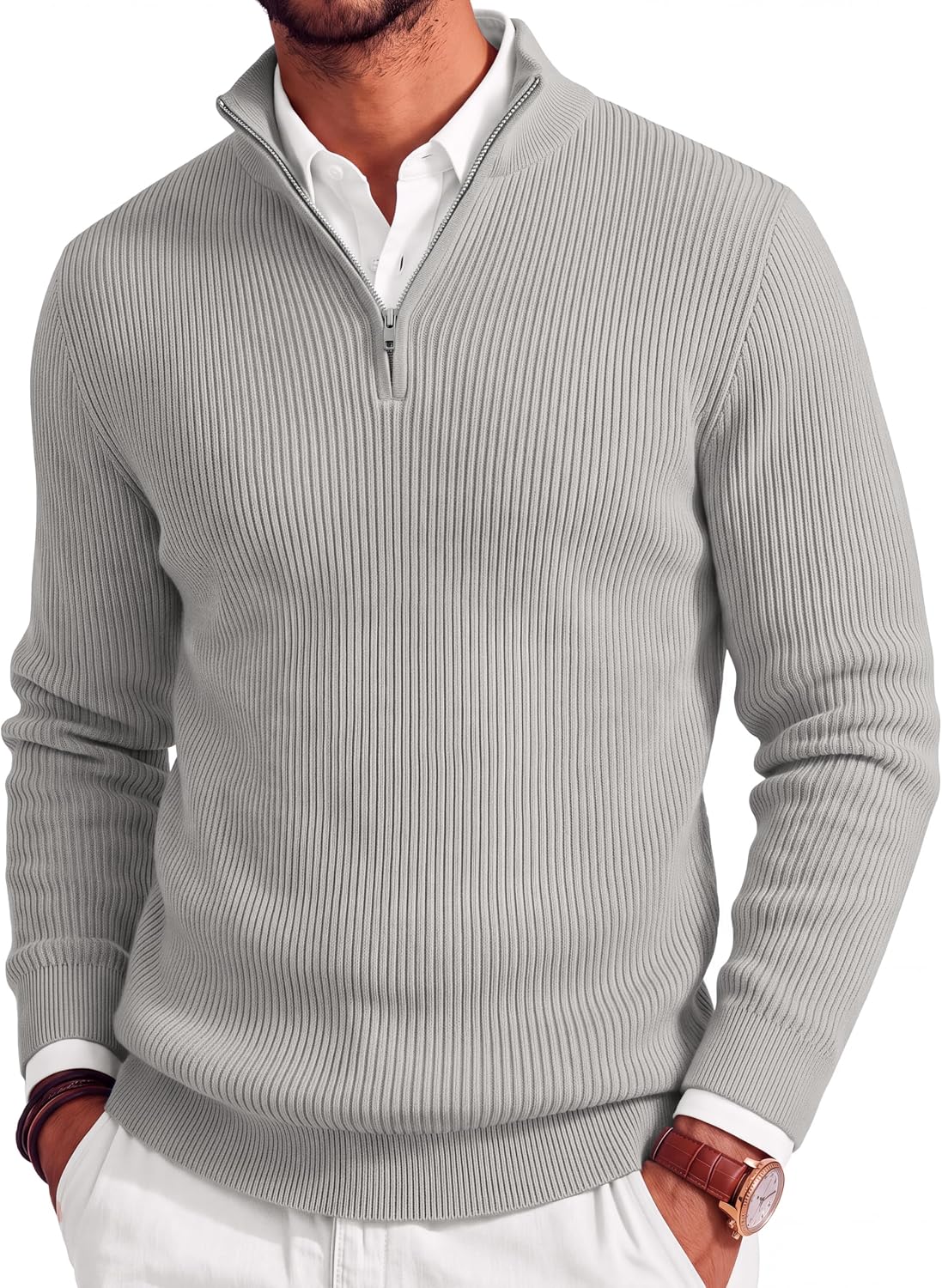 Men's Lightweight Ribbed Knit Quarter Zip Pullover - Slim Fit Mock Neck in Solid Color for Golf and Travel - Large