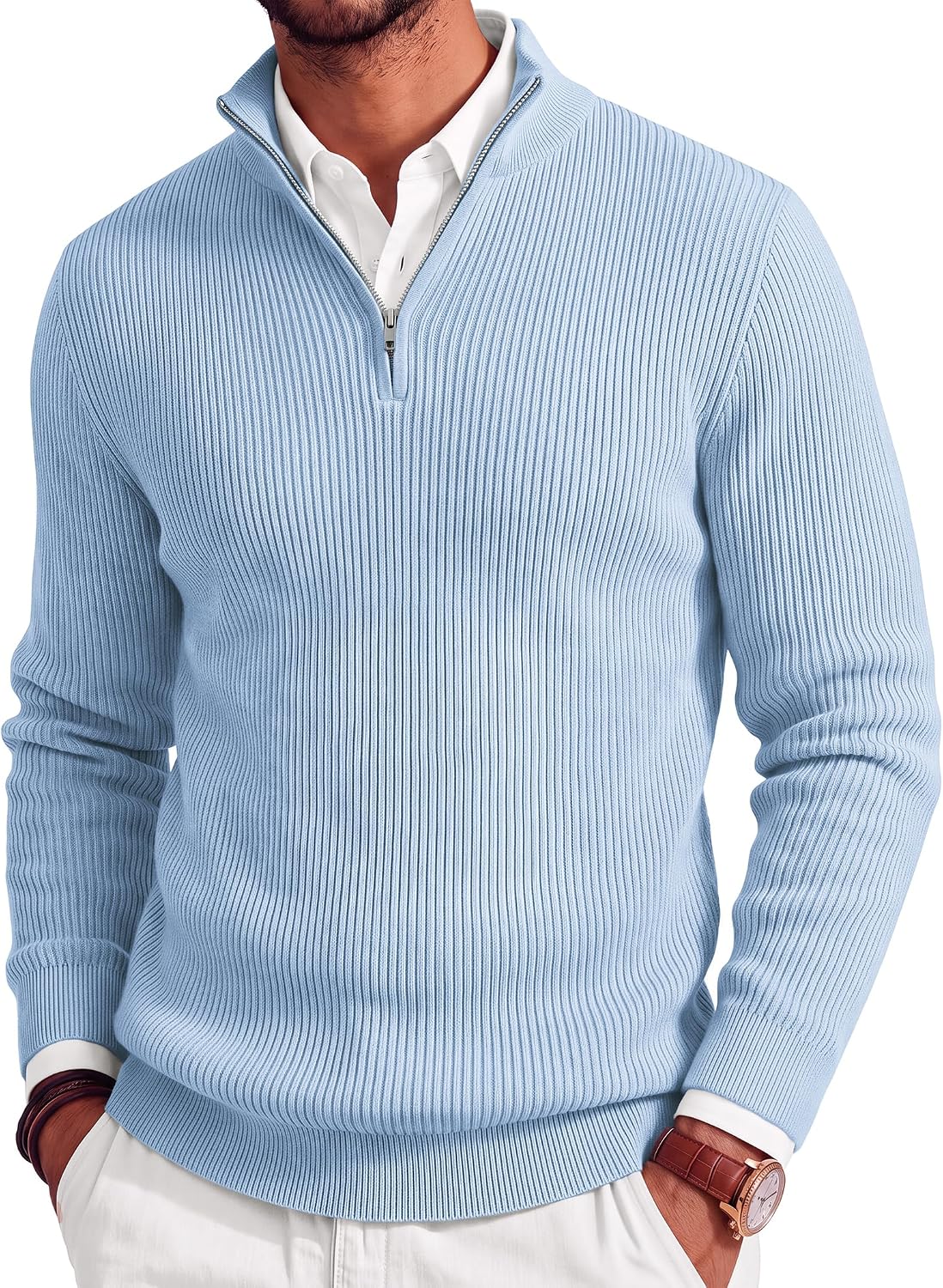 Men's Lightweight Ribbed Knit Quarter Zip Pullover - Slim Fit Mock Neck in Solid Color for Golf and Travel - Small
