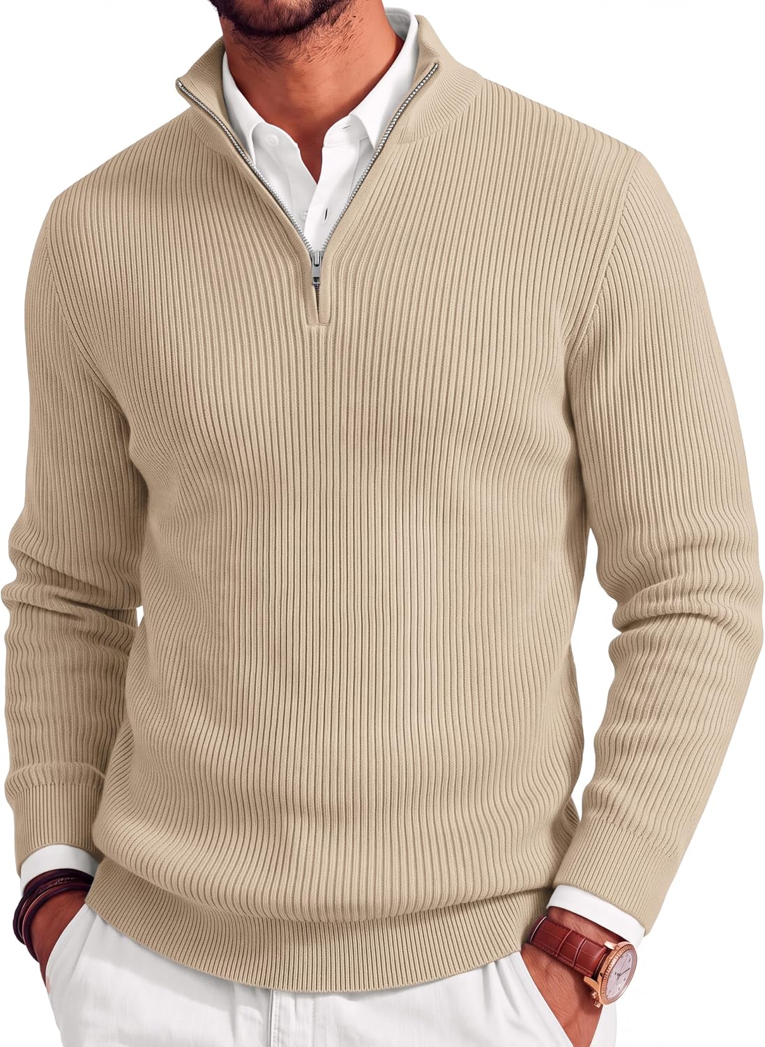 Men's Lightweight Ribbed Knit Quarter Zip Pullover - Slim Fit Mock Neck in Solid Color for Golf and Travel - Medium