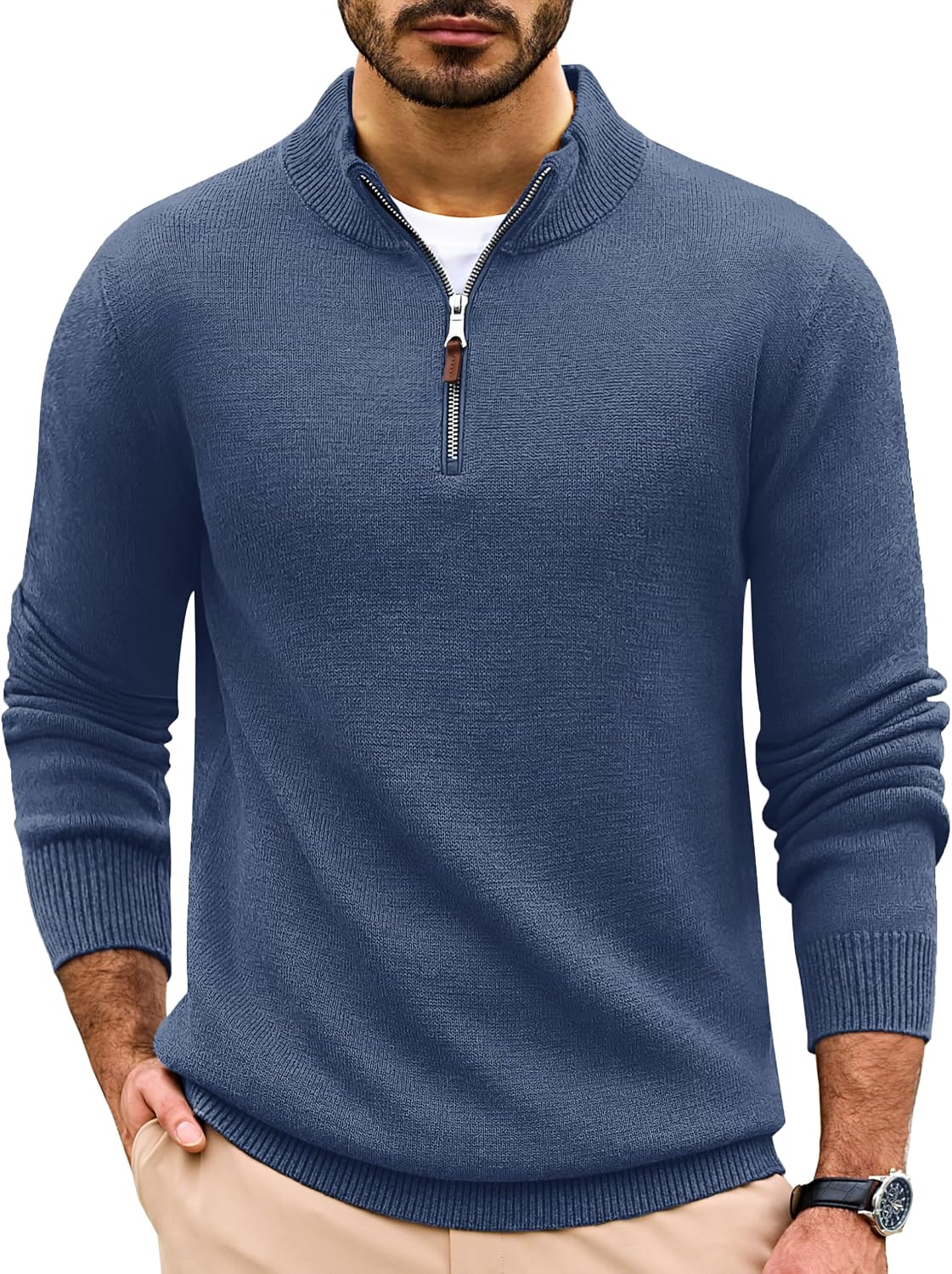 Men's Soft Cotton Quarter Zip Sweater in Denim Blue