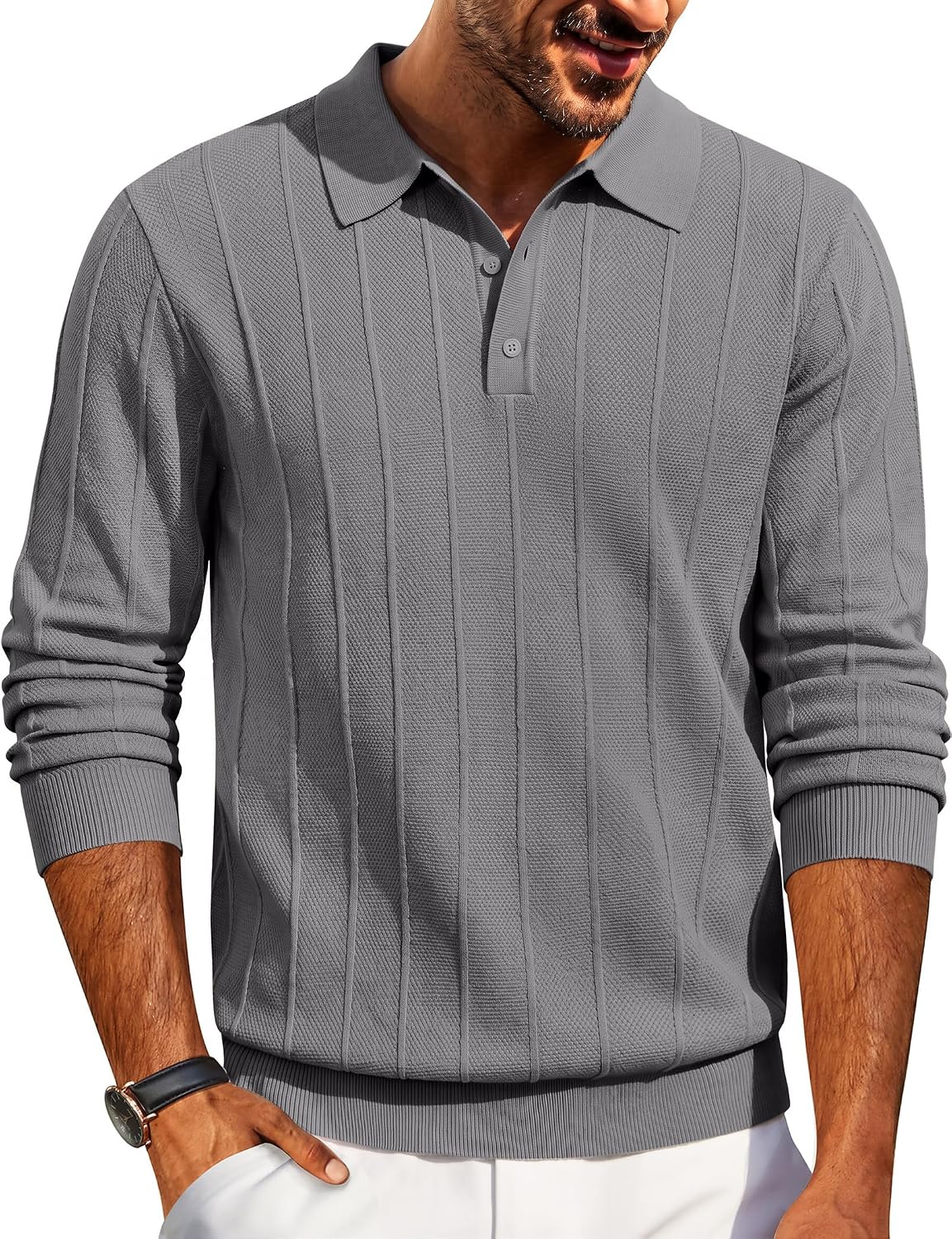 Men's Knit Long Sleeve Polo Sweater - Knitted Collar with High Stretch Cuffs and Hem for Office and Dinners - Small