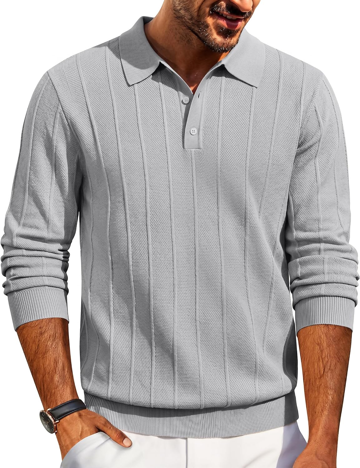 Men's Knit Long Sleeve Polo Sweater - Knitted Collar with High Stretch Cuffs and Hem for Office and Dinners - Small