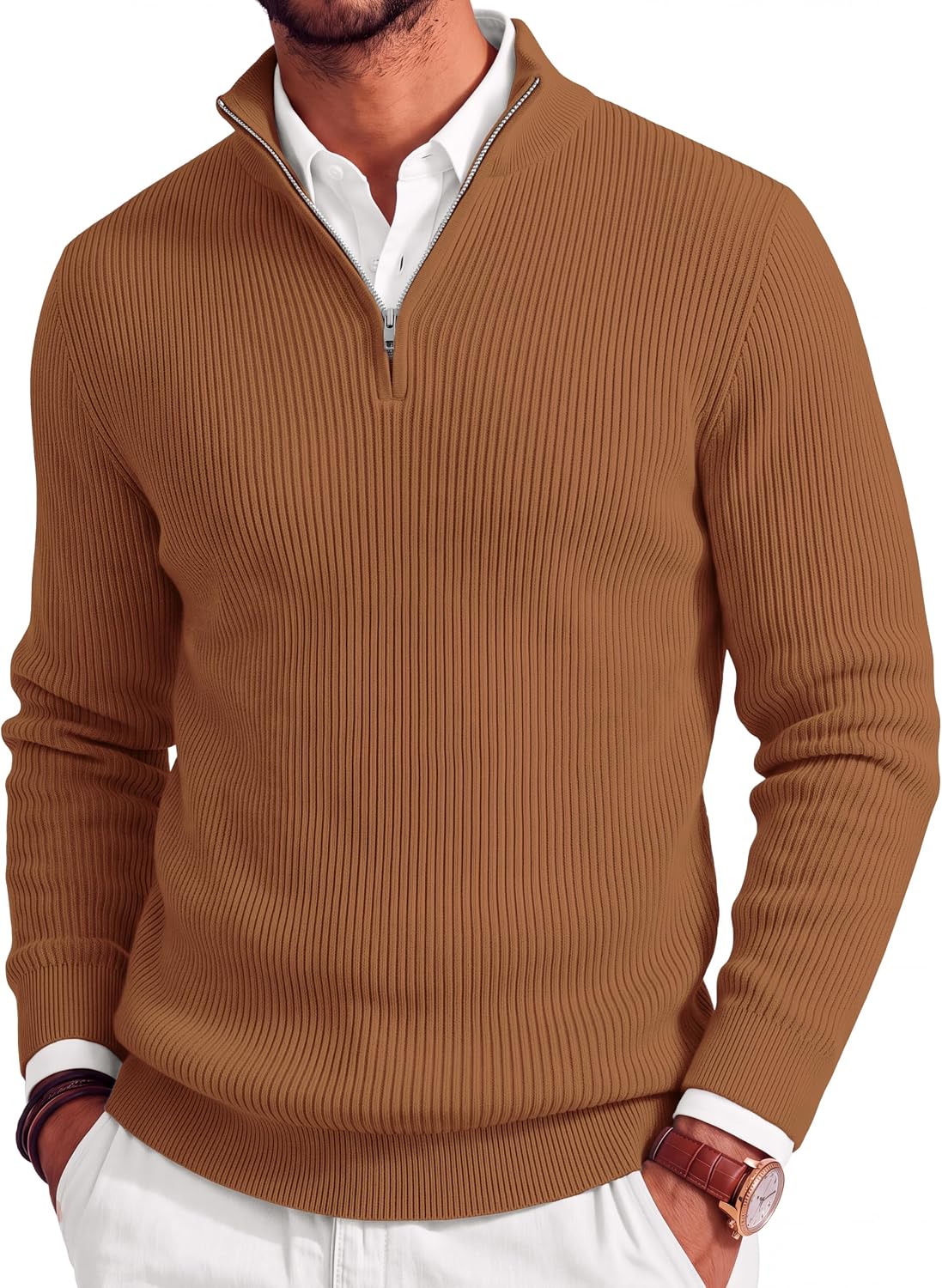 Men's Lightweight Ribbed Knit Quarter Zip Pullover - Slim Fit Mock Neck in Solid Color for Golf and Travel - Small