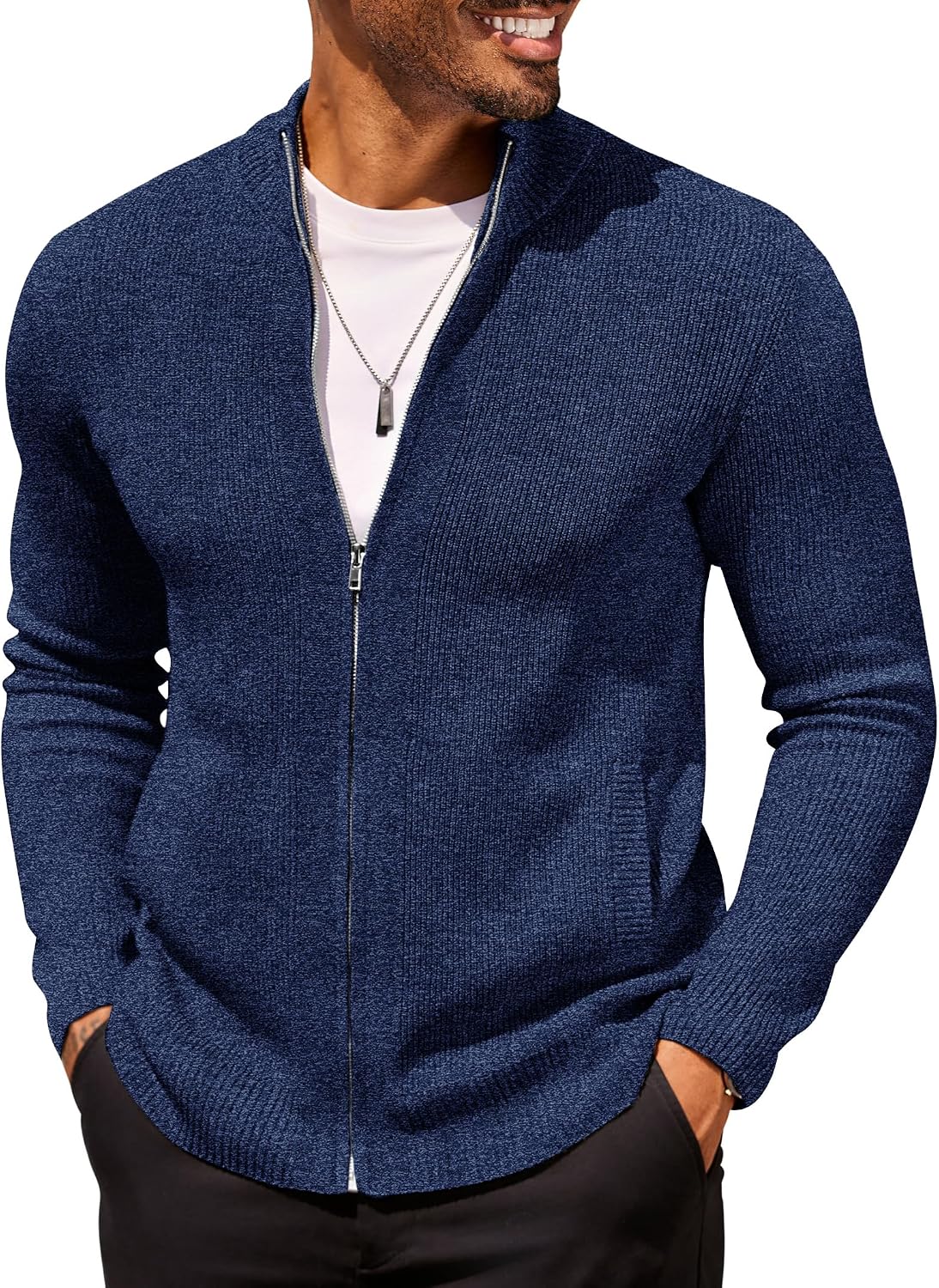 Men's Striped Knit Full Zip Cardigan in Dark Blue