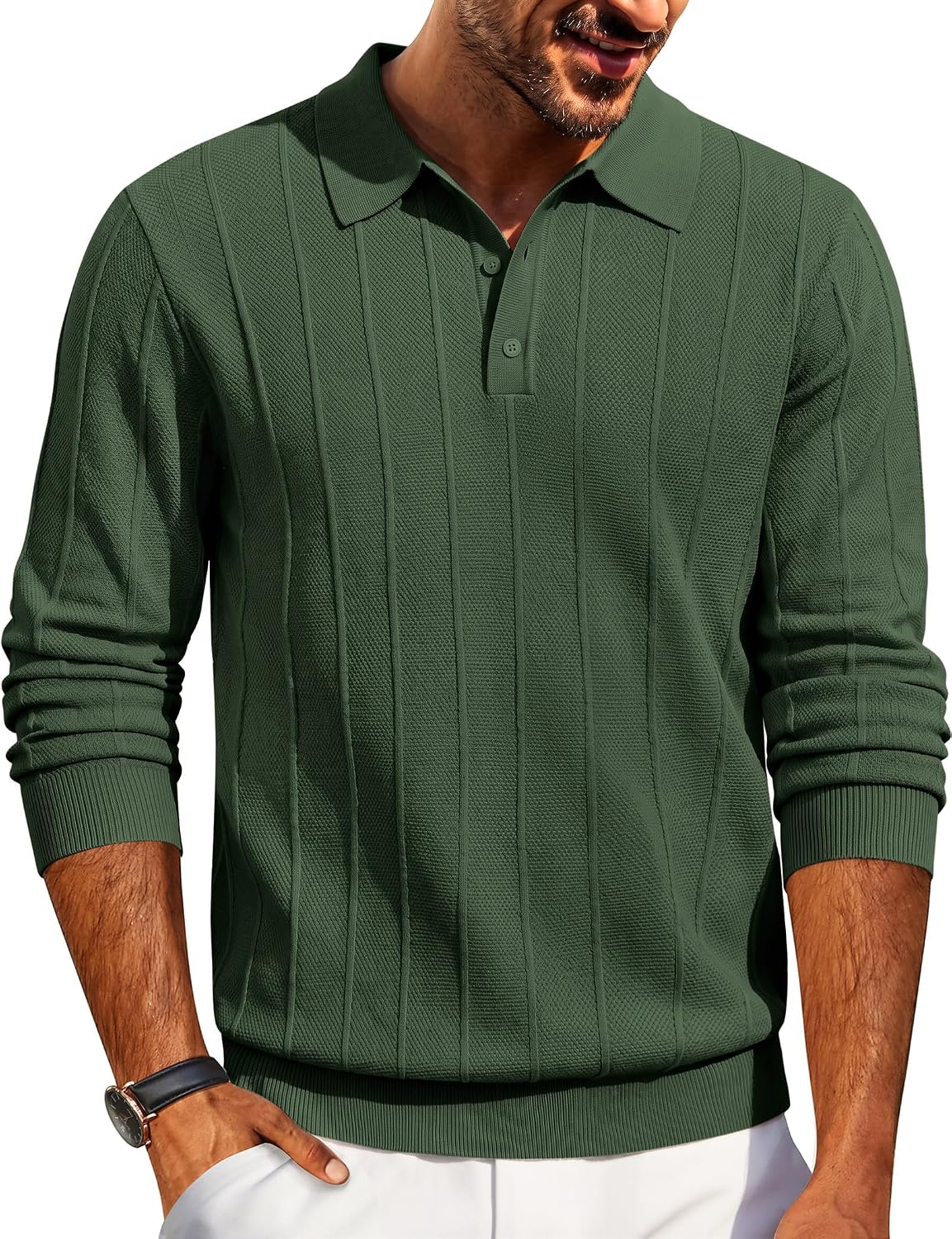 Men's Knit Long Sleeve Polo Sweater - Knitted Collar with High Stretch Cuffs and Hem for Office and Dinners - Small