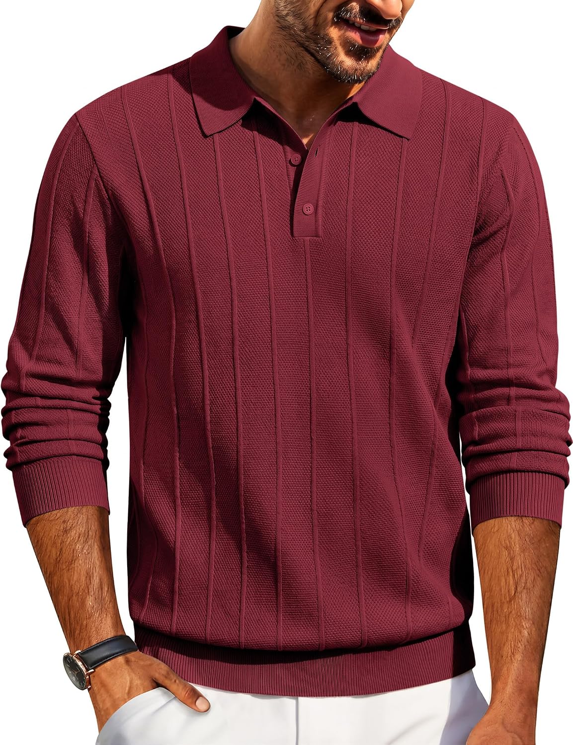 Men's Knit Long Sleeve Polo Sweater - Knitted Collar with High Stretch Cuffs and Hem for Office and Dinners - Medium