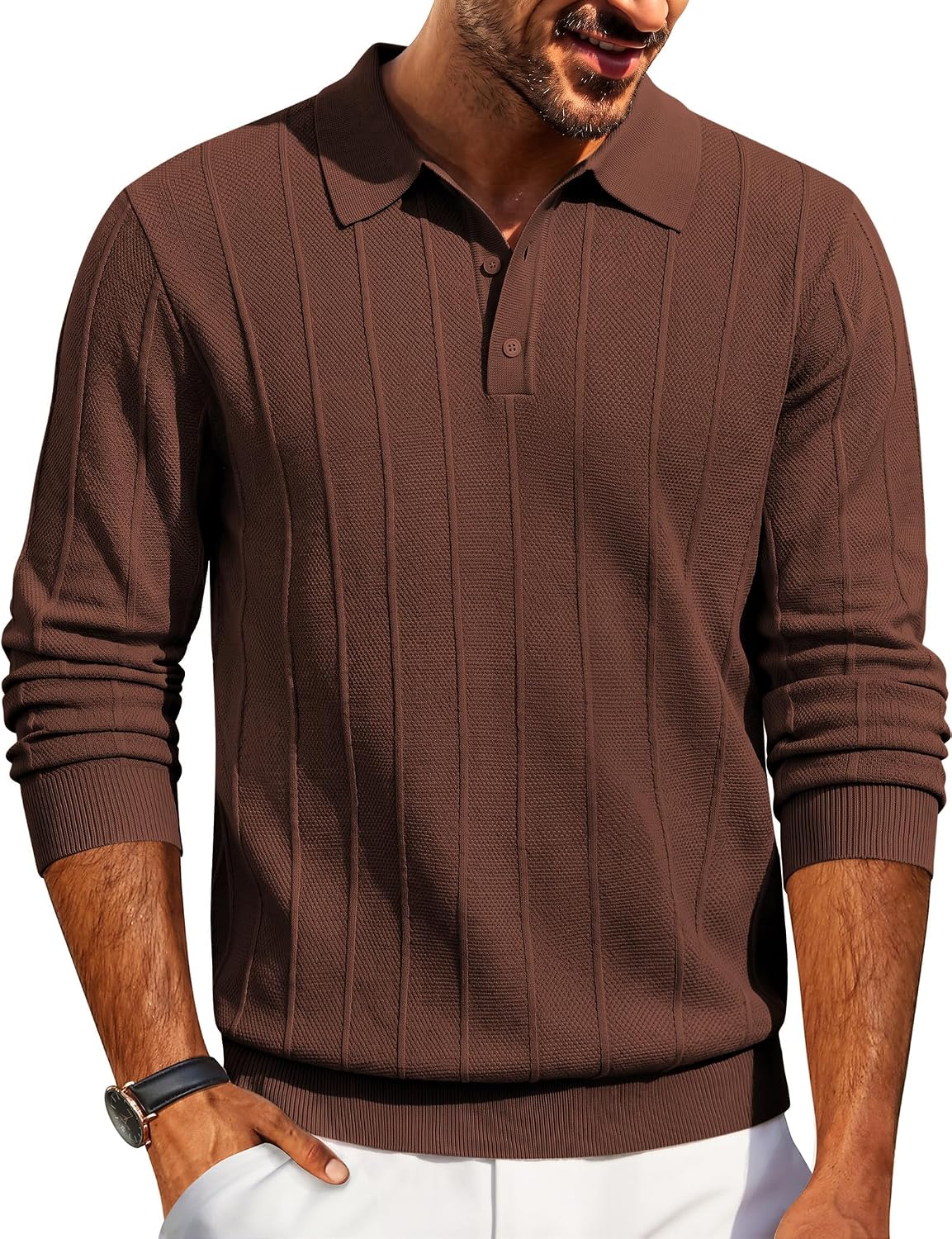Men's Knit Long Sleeve Polo Sweater - Knitted Collar with High Stretch Cuffs and Hem for Office and Dinners - Small