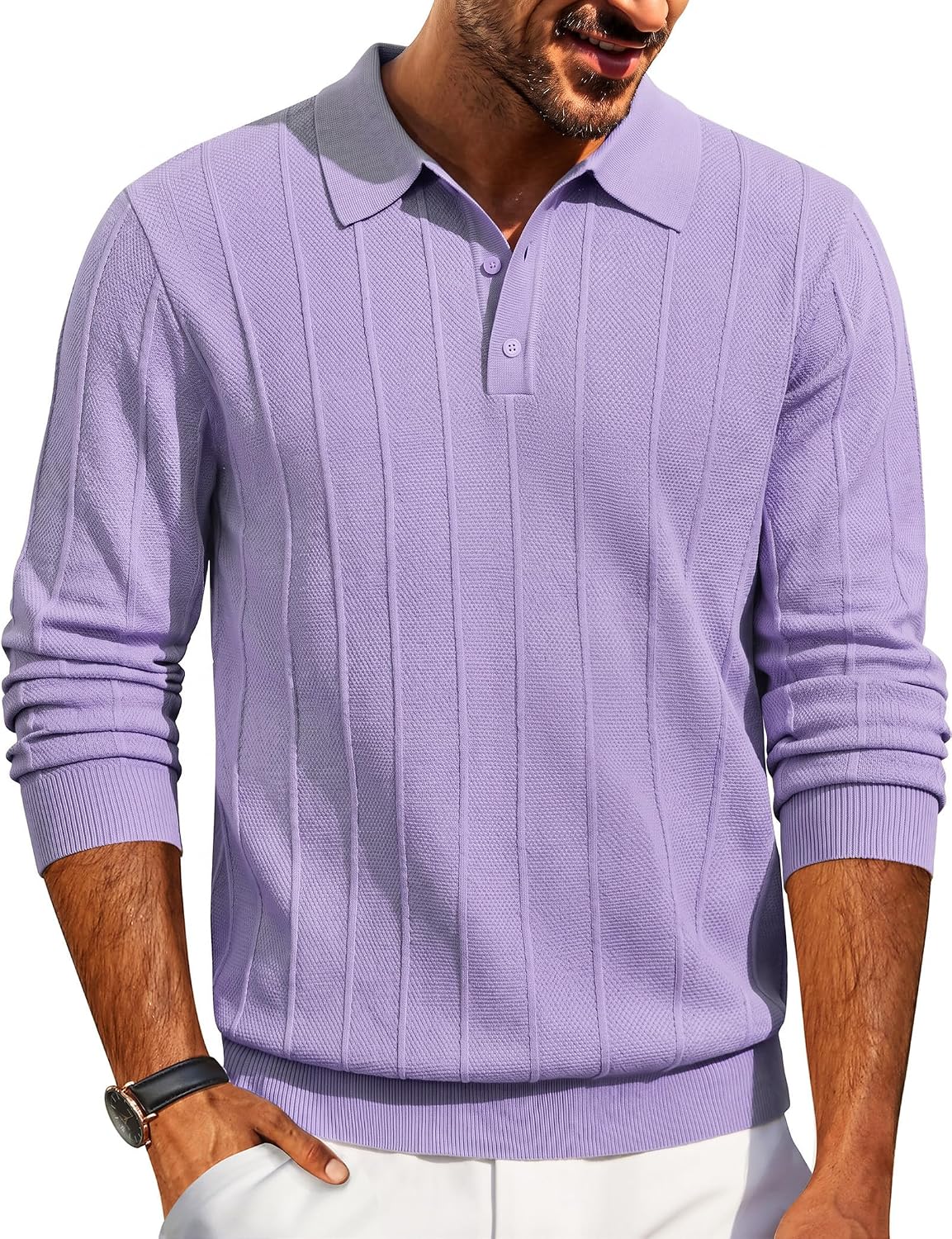 Men's Knit Long Sleeve Polo Sweater - Knitted Collar with High Stretch Cuffs and Hem for Office and Dinners - Medium