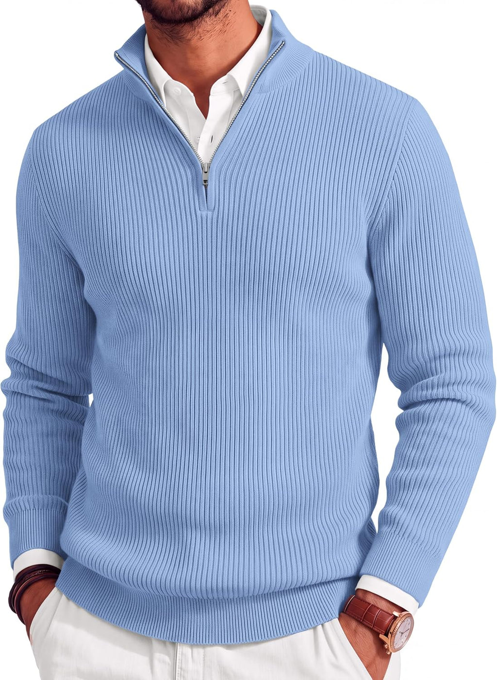 Men's Lightweight Ribbed Knit Quarter Zip Pullover - Slim Fit Mock Neck in Solid Color for Golf and Travel - Large (25)