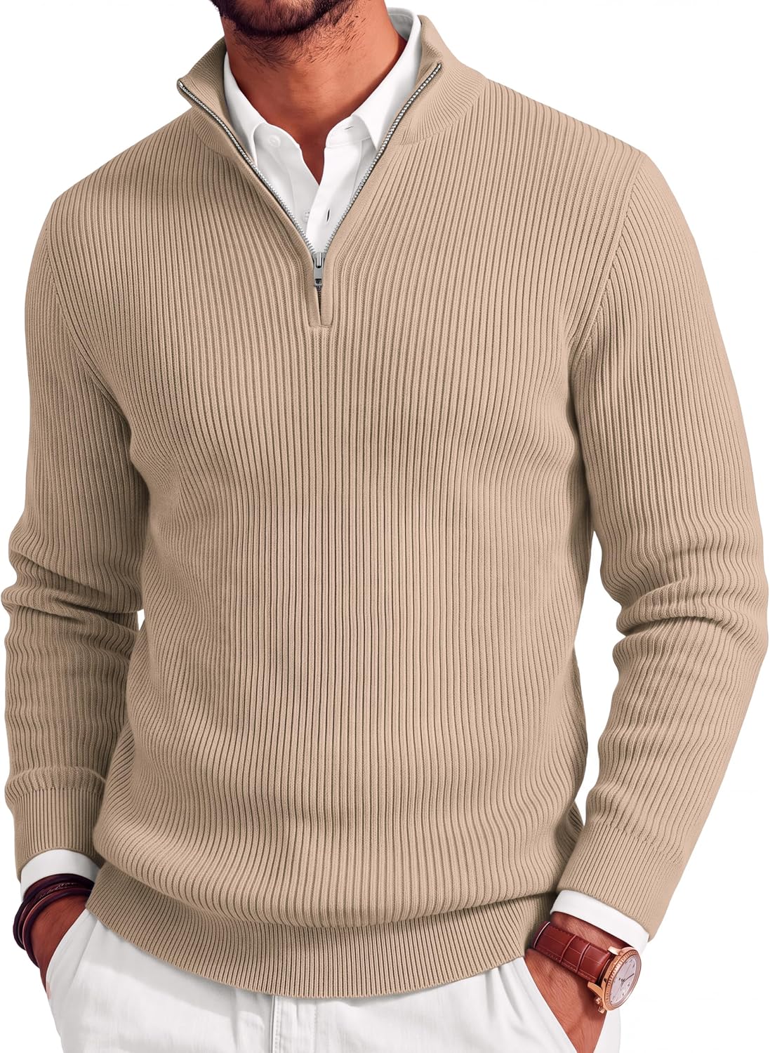Men's Lightweight Ribbed Knit Quarter Zip Pullover - Slim Fit Mock Neck in Solid Color for Golf and Travel - Small