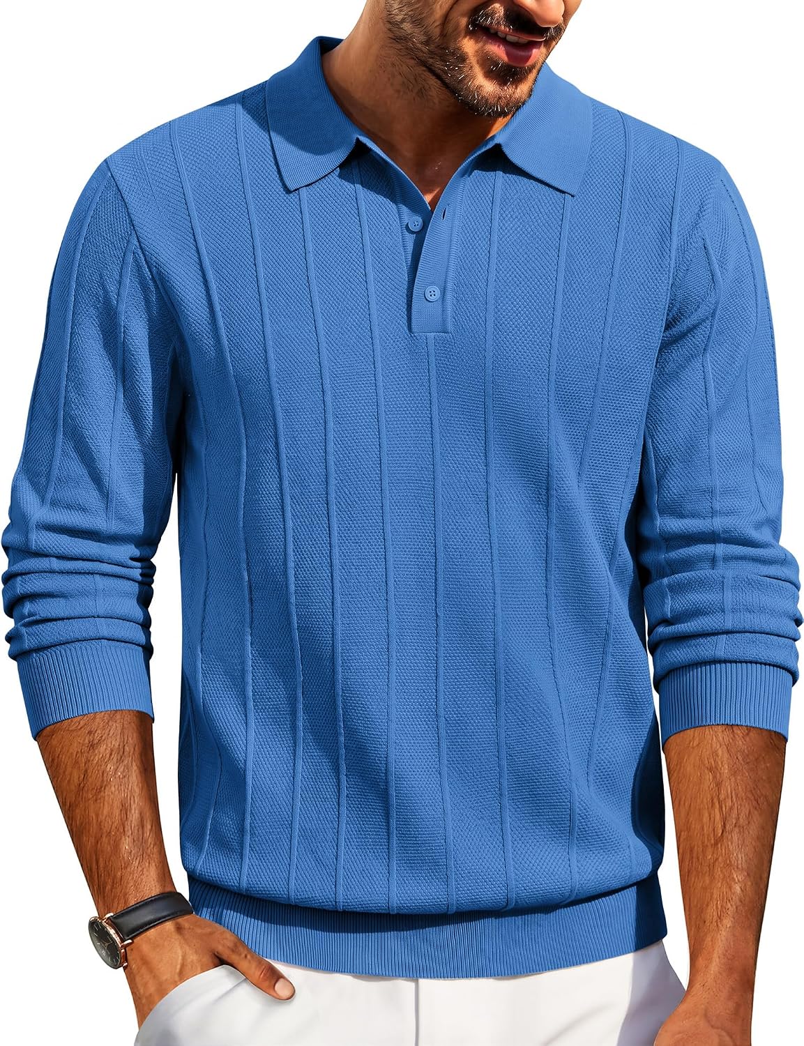 Men's Knit Long Sleeve Polo Sweater - Knitted Collar with High Stretch Cuffs and Hem for Office and Dinners - Medium