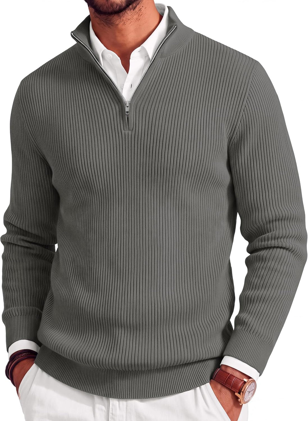 Men's Lightweight Ribbed Knit Quarter Zip Pullover - Slim Fit Mock Neck in Solid Color for Golf and Travel - Large