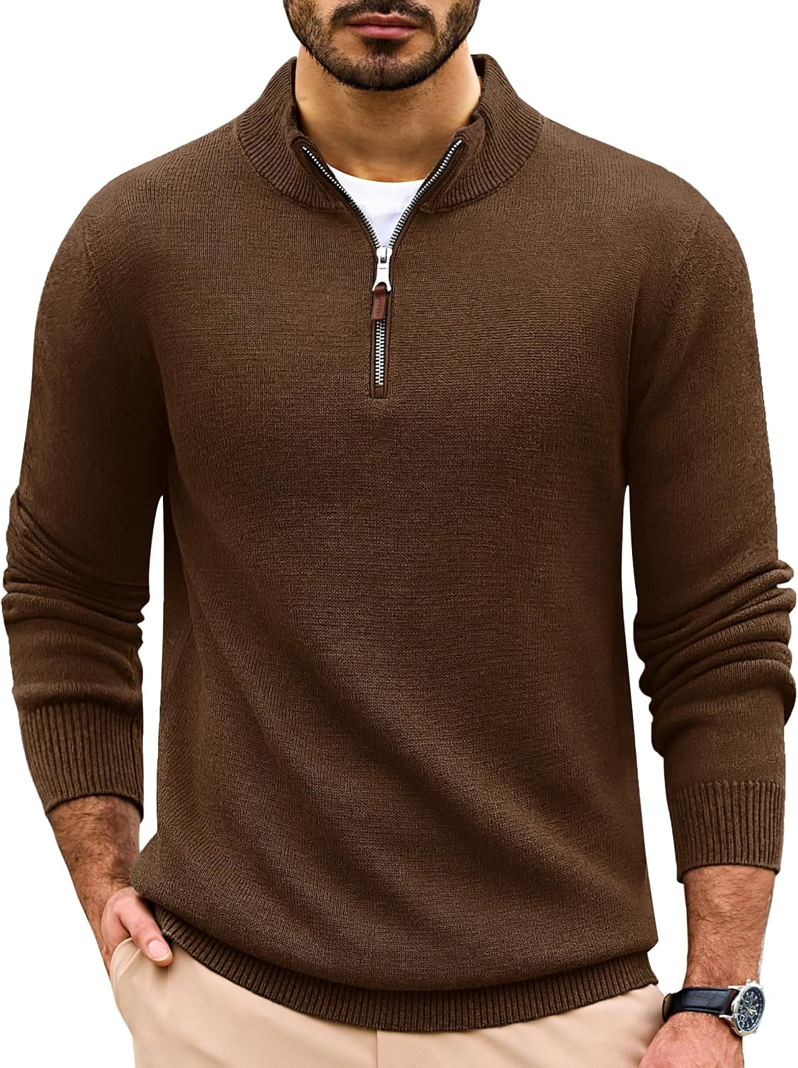 Men's Soft Cotton Quarter Zip Sweater in Brown