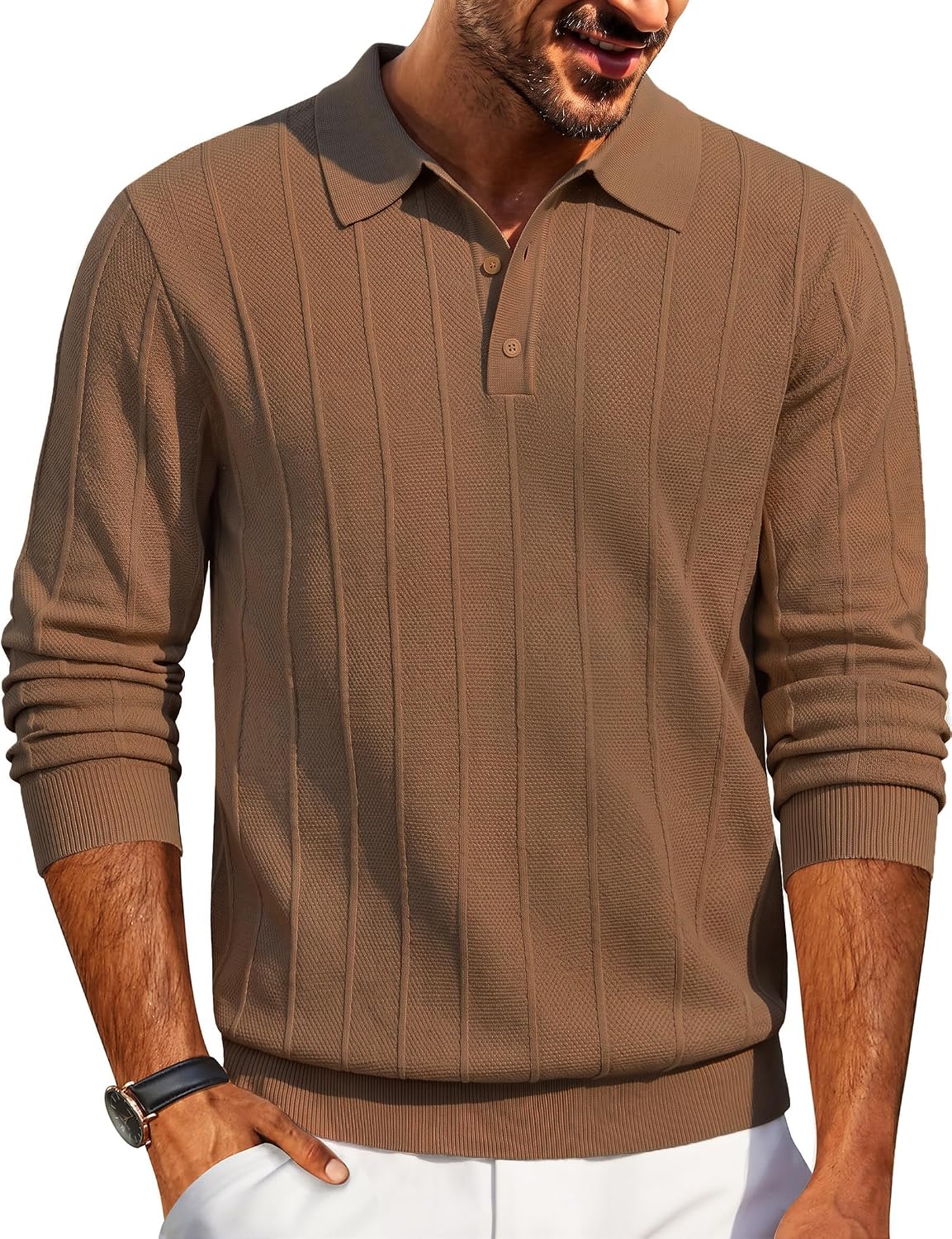 Men's Knit Long Sleeve Polo Sweater - Knitted Collar with High Stretch Cuffs and Hem for Office and Dinners - Small