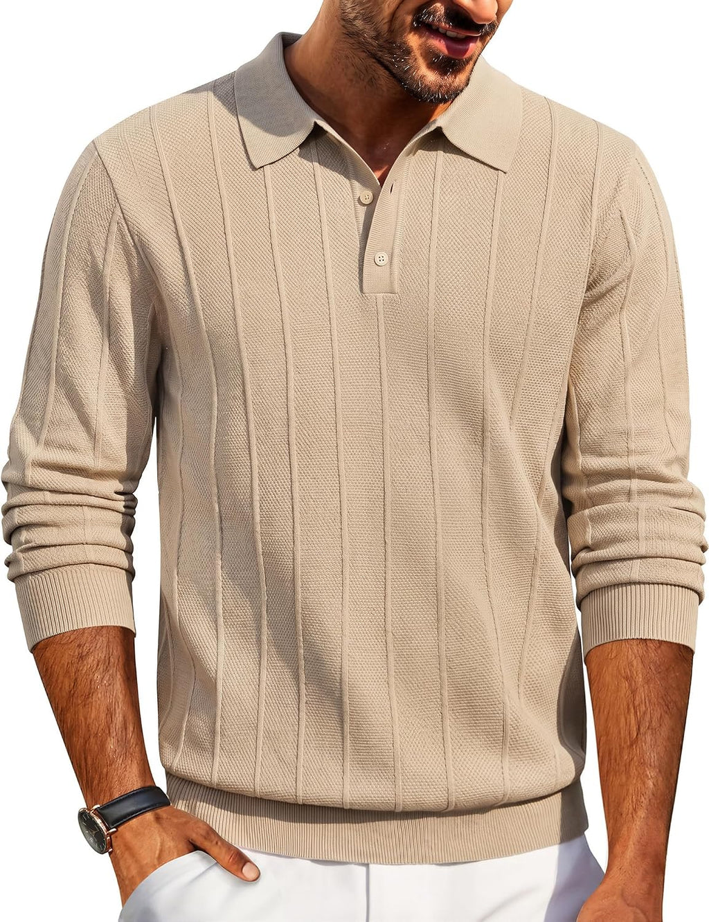 Men's Knit Long Sleeve Polo Sweater - Knitted Collar with High Stretch Cuffs and Hem for Office and Dinners - Medium