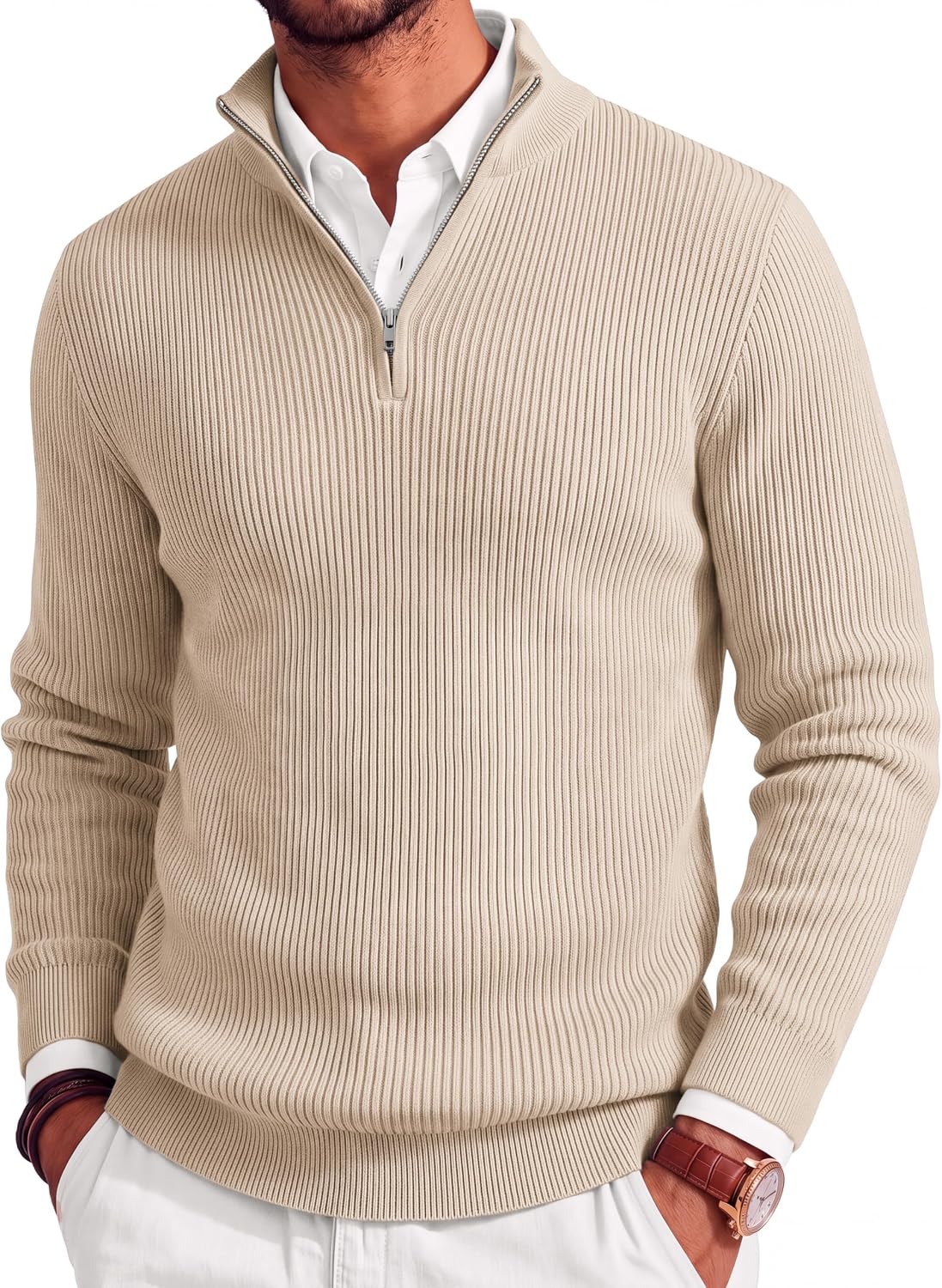 Men's Lightweight Ribbed Knit Quarter Zip Pullover - Slim Fit Mock Neck in Solid Color for Golf and Travel - Medium